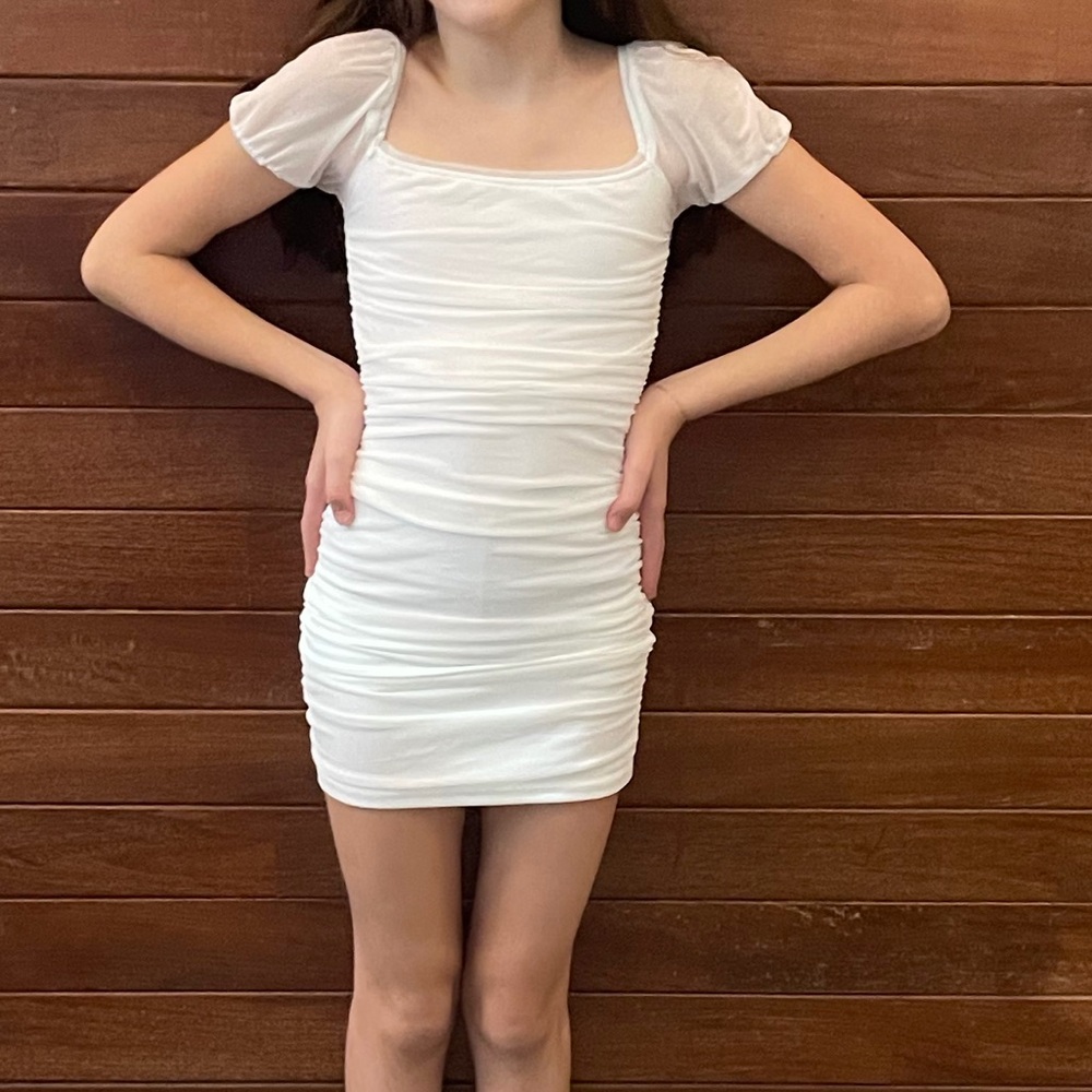 Katie J NYC Anya Dress - White Ruched Mini Dress with Puff Sleeves